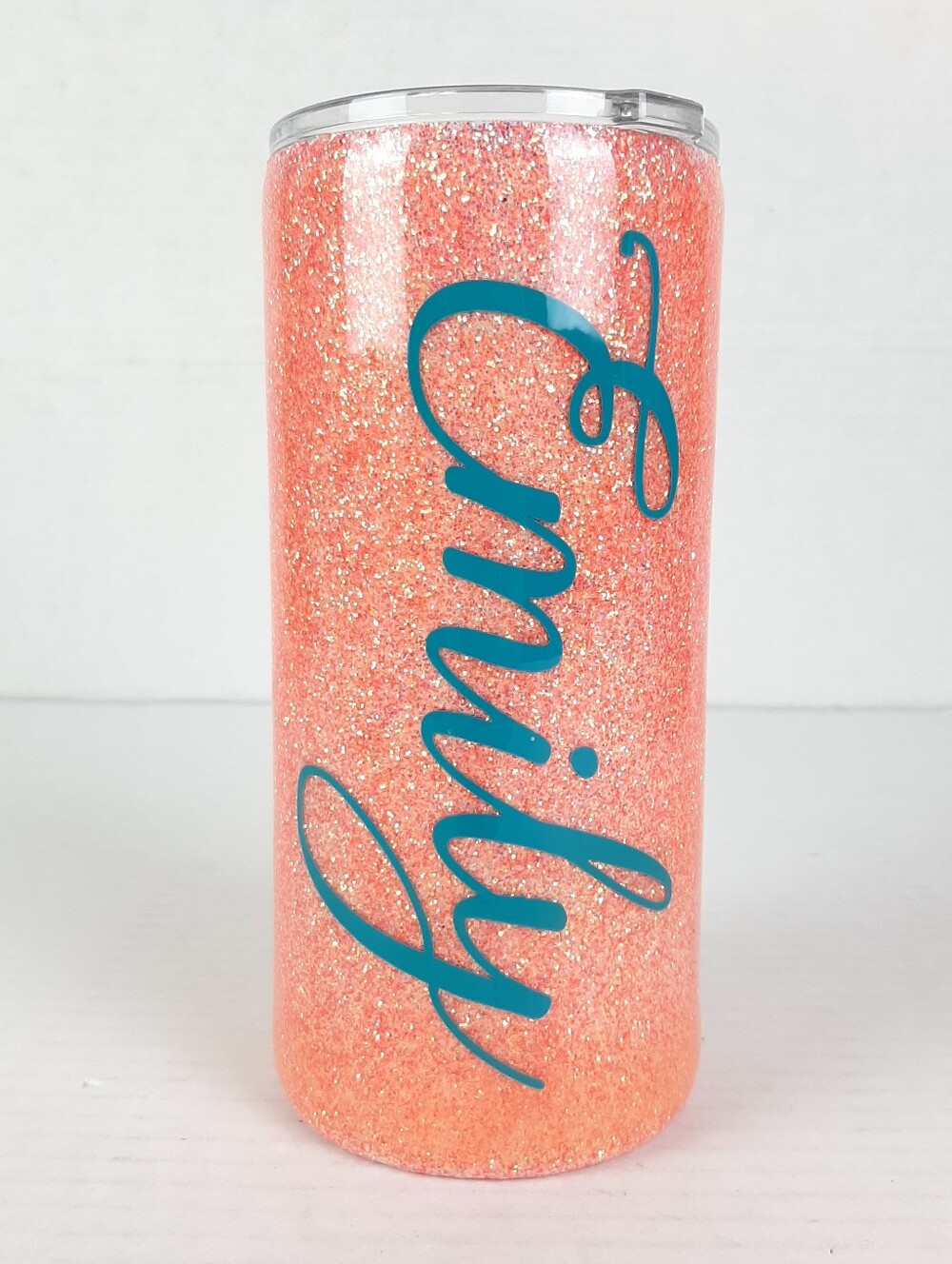 Custom Handmade Tumbler And Lid Orange Glitter With "Emily" Name In Blue